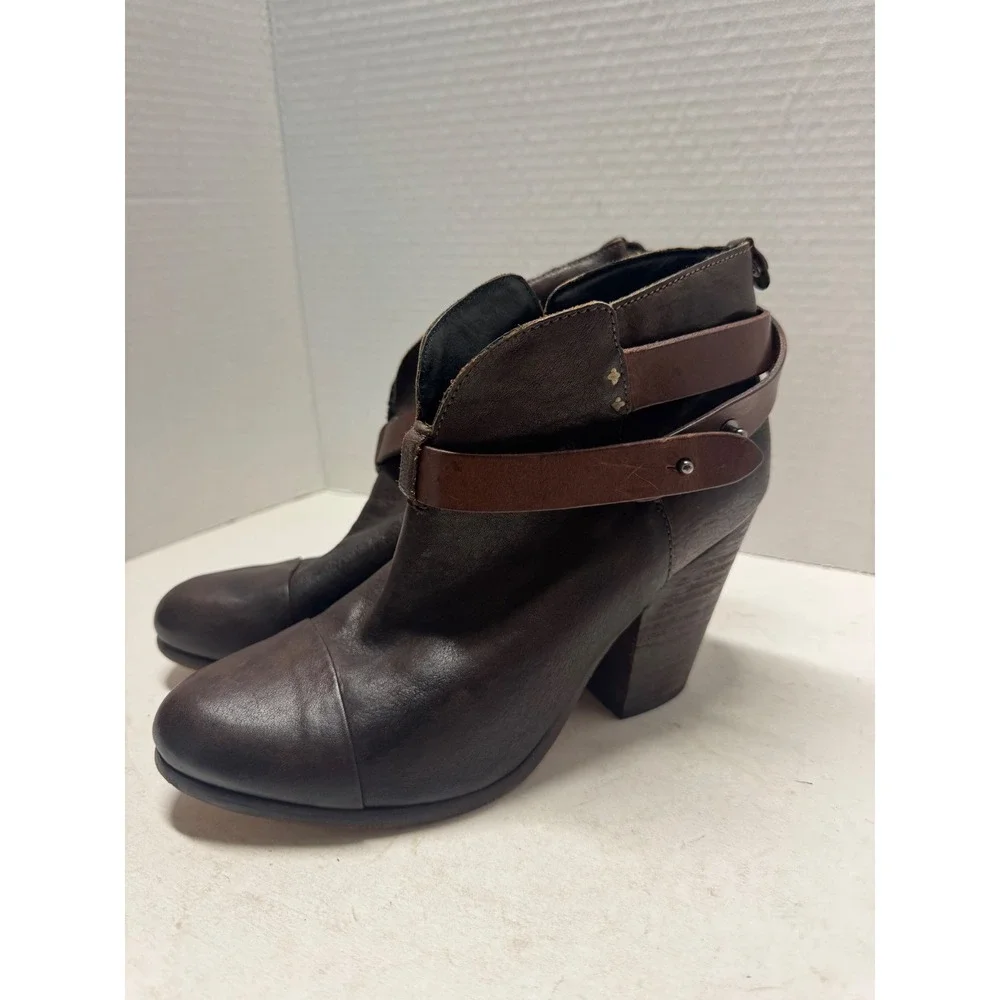 Rag & Bone Harrow Dark Brown Leather Wrap Strap Block Heel Ankle Boots Size 39 9